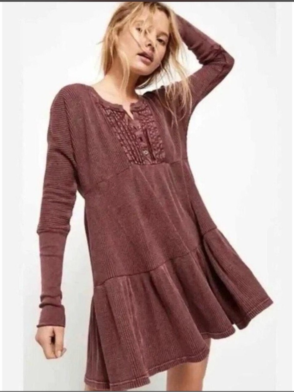 Free People FP One Jolene Thermal Waffle Henley Tiered Mini Dress Wine S